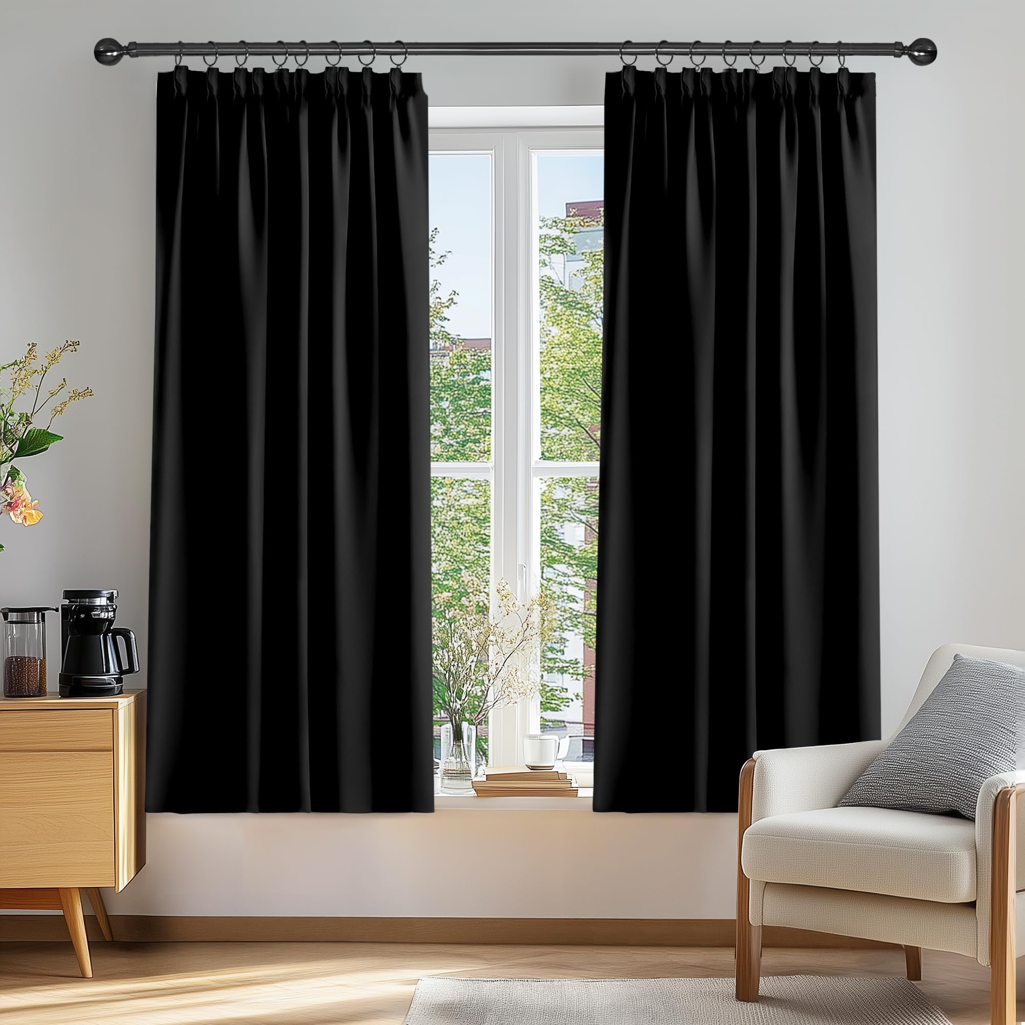 Deconovo Blackout Curtains Super Soft Energy Saving Pencil Pleat Blackout Curtains for Bedroom 52x54 Inch Black 2 Panels