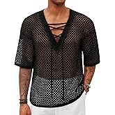 Runcati Mens Lace Up Beach Shirts Hollow Out V Neck Half Sleeve T Shirts Knit Crochet See Through Summer Tops