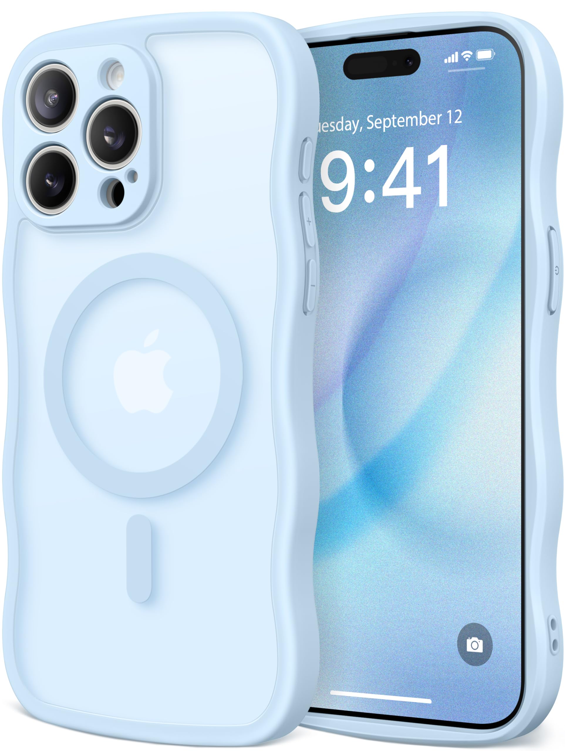 CAPRARO Cute for iPhone 15 Pro Max Case, Compatible with MagSafe, [Curly Wave Edge] [Full Camera Protection] [14 FT Drop Protection] Magnetic Phone Case for 15 Pro Max 6.7 Inch, Light Blue