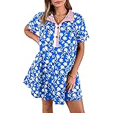 Wenrine Womens Floral Mini Dress Casual Short Sleeve Collared Button Down Summer Beach Vacation Dresses