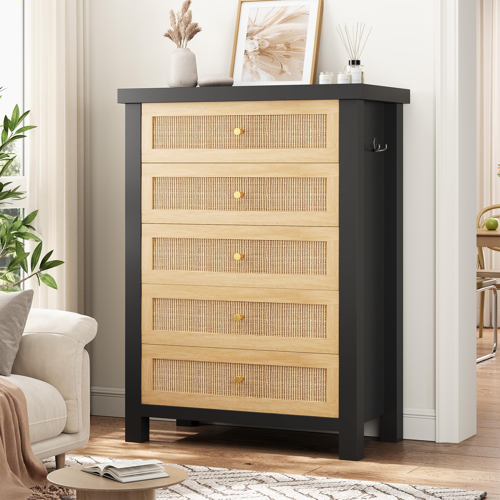 Photo 1 of (PARTS ONLY) Jocoevol Rattan Dresser for Bedroom with 5 Drawers - Wood Boho Chest of Large Drawers with Metal Handle, 41'' Large Storage Bedroom Tall Dresser for Living Room, Enterway, Hallway (Black and Natural)