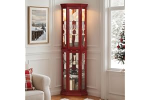 Eyisean Lighted Glass Display Cabinet, 70" H Corner Curio Cabinet with 6 Tempered Adjustable Shelves, China Cabinet with Vintage Carved Decoration, Light Blub Included, Rack for Living Room (Cherry)