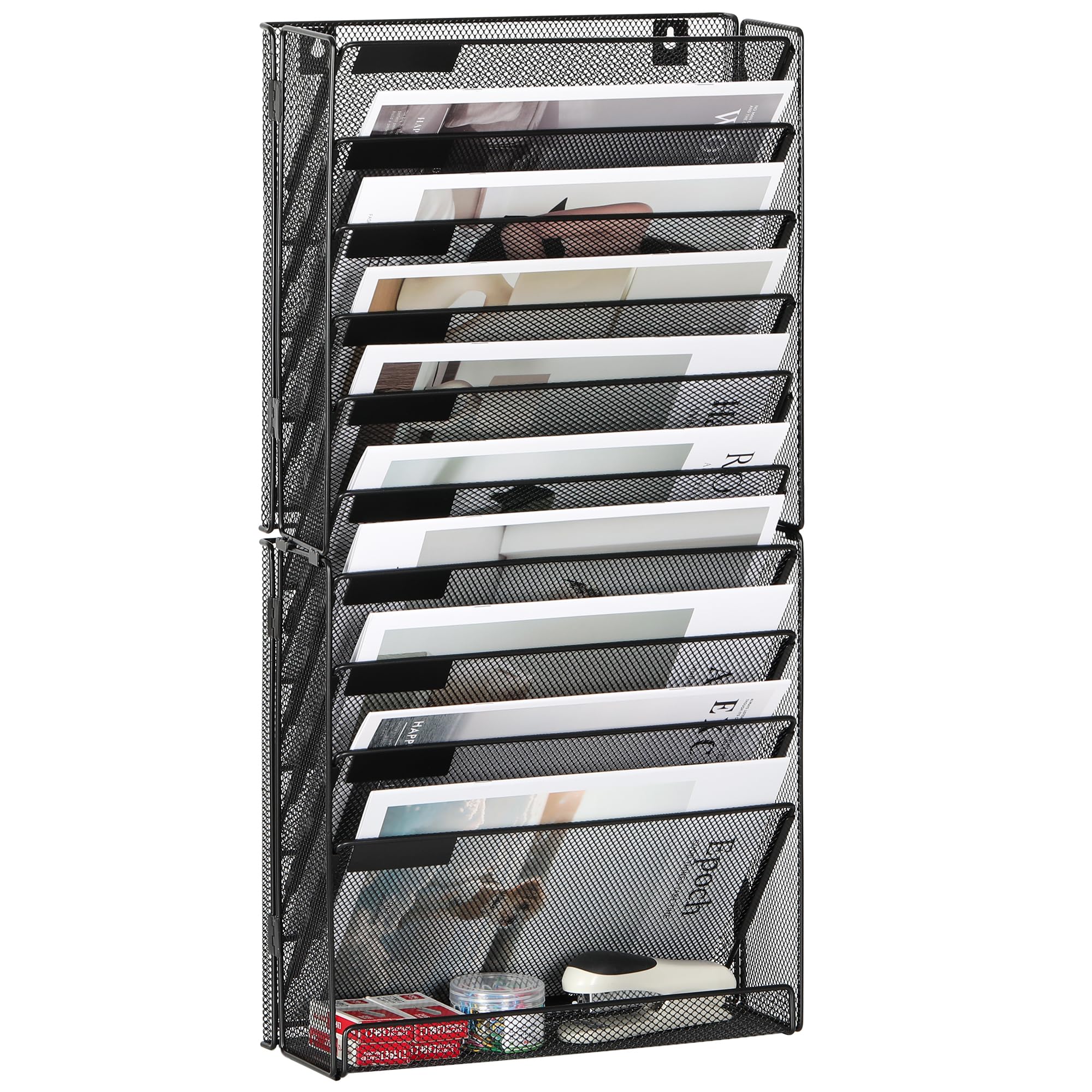 TQVAI 10 Tier Mesh Wall File Organiser A4 Paper Storage Wall Mounted Document Holder Stationary Organiser Desk Tidy Supplies in Tray for Office Home School, Black