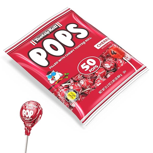 TOOTSIE POPS SINGLE FLAVOR BAG – CHERRY FLAVORED LOLLIPOPS WITH CHOCOLATEY CENTER – INDIVIDUALLY WRAPPED HARD CANDY – RED CANDY – PEANUT FREE, GLUTEN FREE, 50 COUNT (PACK OF 1)