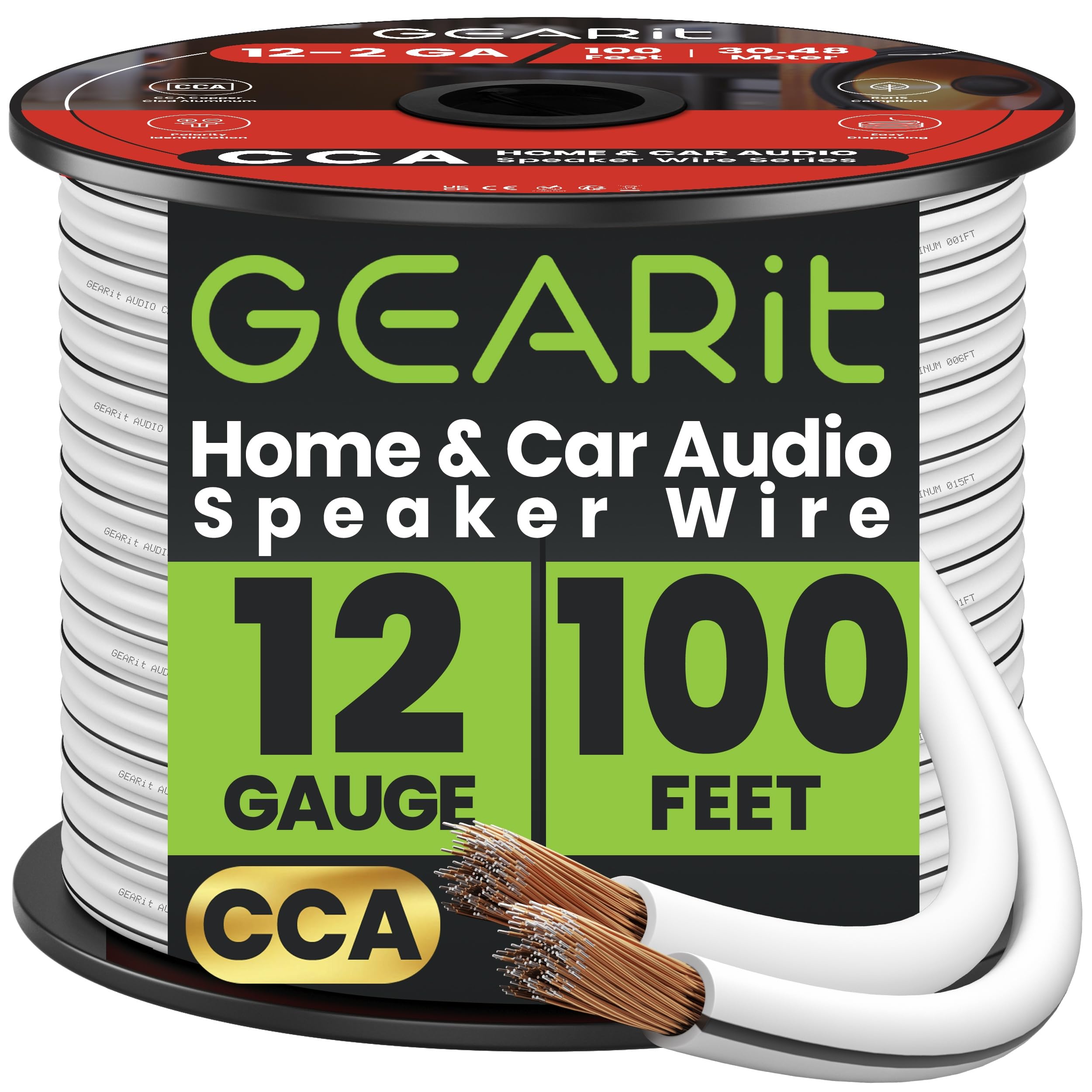 GearIT Speaker Wire Audio Cable CCA 2x4mm≤ (30.48 Meters - White) Copper Clad Aluminum - Great for Hi-Fi Home Theater and Car Speakers - 12 Gauge AWG, 100 Feet