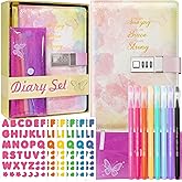 Diary with Lock for Girls - 30Pcs Girls Diary Set, Kids Journal with Lock, Leather Journal Notebook, Pencil Pouch, 8 Color Pens, 20 Stickers, Ideal Christmas Gifts for 8 9 10 11 12 13 14 Year Old