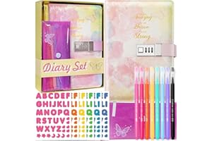 NOLLH Diary with Lock for Girls - 30Pcs Girls Diary Set, Kids Journal with Lock, Leather Journal Notebook, Pencil Pouch, 8 Color Pens, 20 Stickers, Ideal Christmas Gifts for 8 9 10 11 12 13 14 Year Old