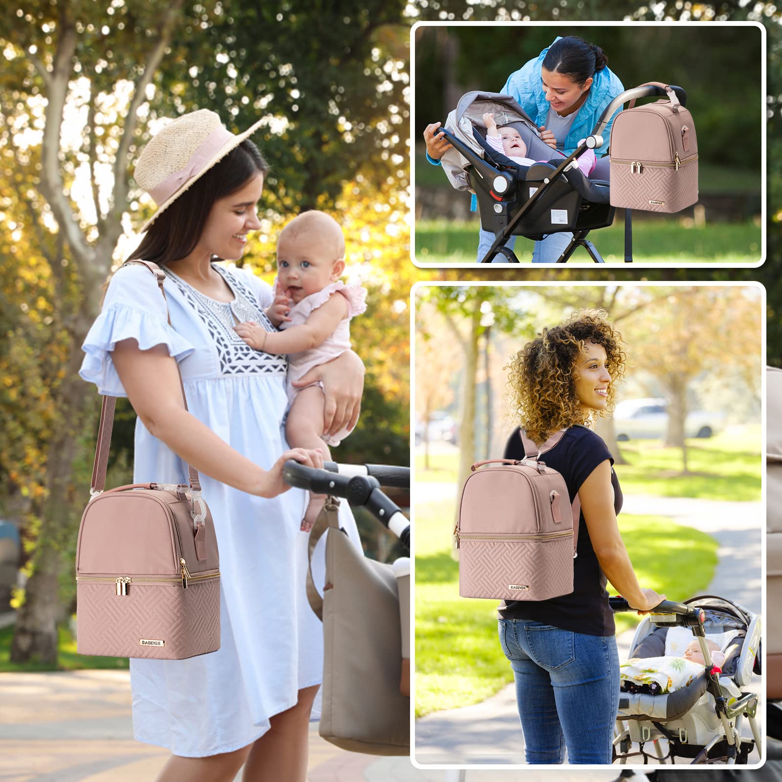 BABEYER Muttermilch-Kühltasche mit Kühlakku für 6 Babyflaschen bis 270 ml, Muttermilchpumpen-Kühltasche mit Schultergurt für stillende Mütter Kindertagesstätte, Arbeit, Reise-Rosa 6