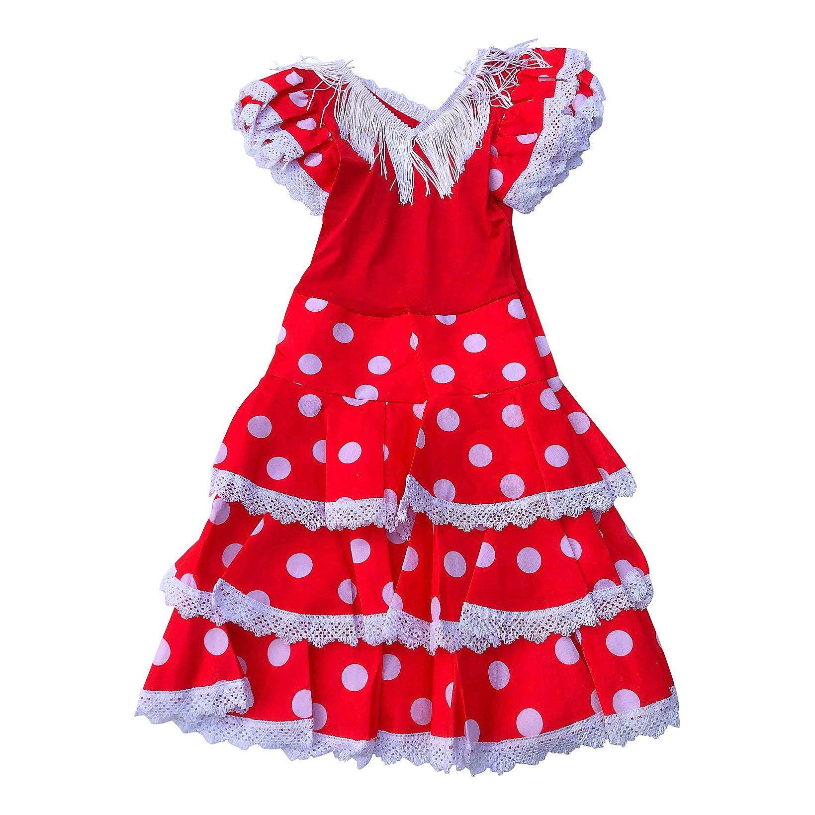 La Senorita Spanish Flamenco Dress - Girls/Kids - Red/White Niño Deluxe (Size 12 - Length 95 cm 9-10 years)