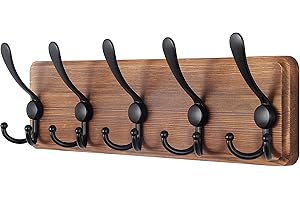 SKOLOO Rustic Wall Mounted Coat Rack: 16-inches Hole to Hole, Pine Real Wood Plank Wall Coat Rack with 5 Triple Hooks, Farmho