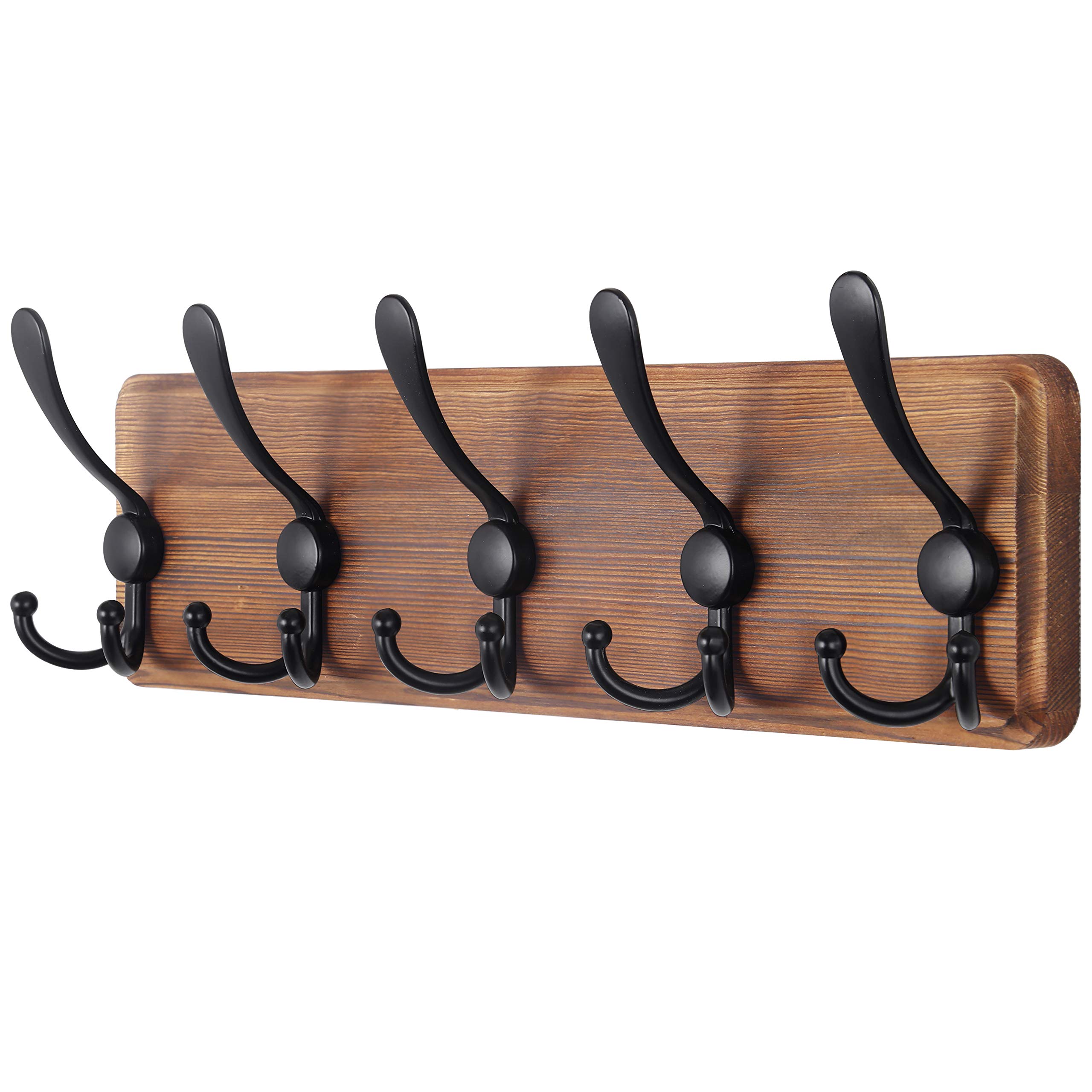 SKOLOO Coat Rack Wall Mounted - Wooden, Heavy Duty, Rustic Coat Hooks for Wall, 16'' Hole to Hole, Wall Coat Rack with 5 Triple Hooks for Hanging Clothes, Jacket, Hat(Brown)