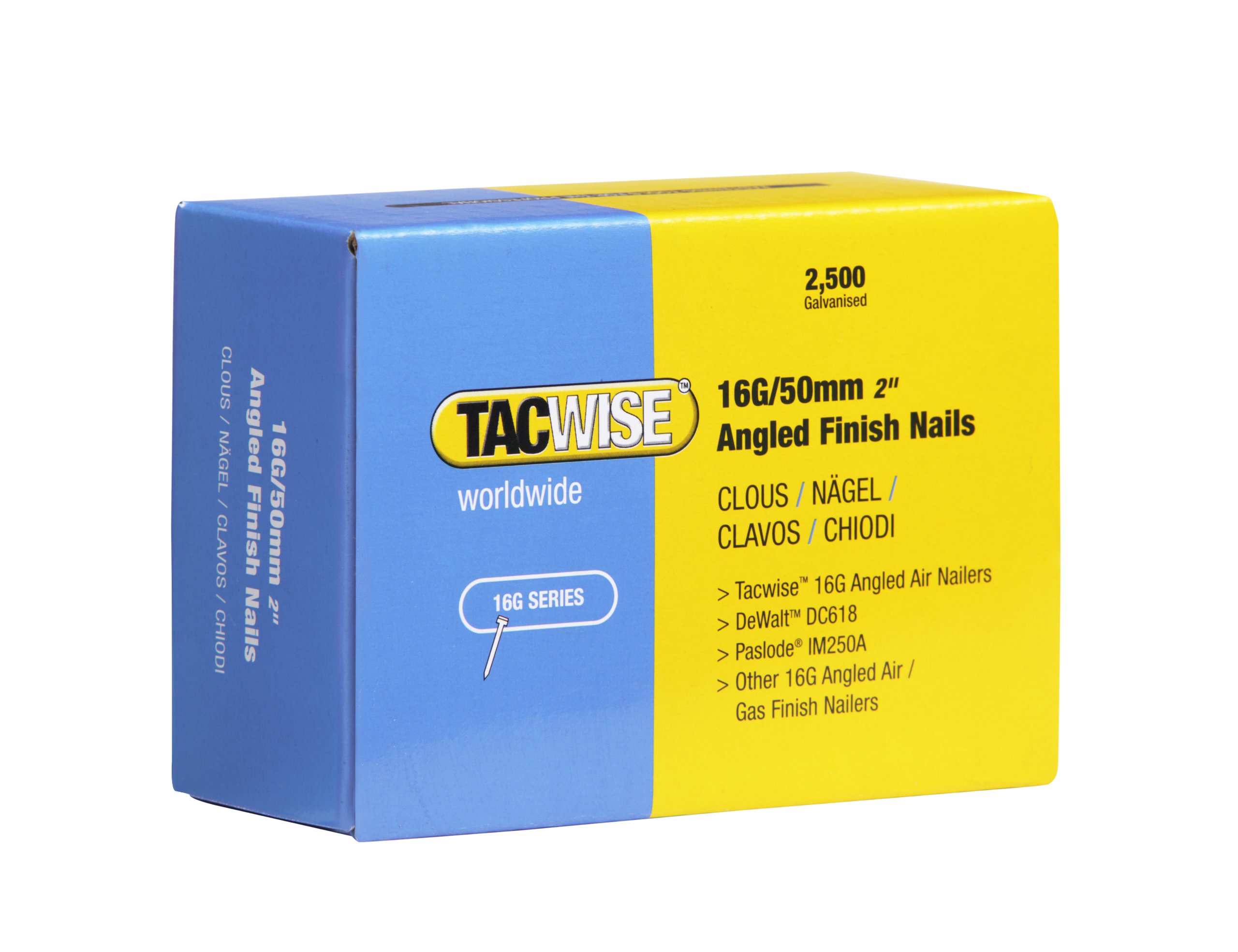 Tacwise 0772 Type 16G / 50 mm Galvanised Angled Finish Nails, 20° Inclined, Pack of 2500