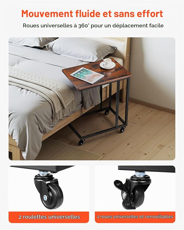 Table d'appoint mobile en forme de C, bouts de canapé avec cadre en métal et roulettes, support d'extrémité portable 500 x 350 x 605 mm, table basse pour salon, chambre à coucher, bureau, marron