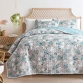 Flysheep Botanical Quilt Set Full Queen Size, 3 Pieces Grey and Aqua Elegant Floral Printed Summer Bedding Set, Soft Microfiber Lightweight Bedspread/Coverlet for All Season - 92"x90"
