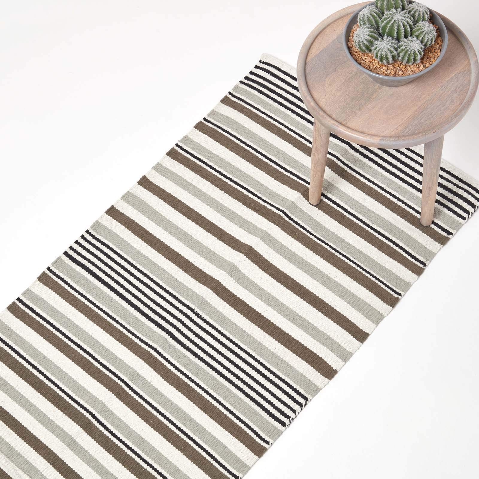 HOMESCAPES Striped Rug, 66cm x 200cm 100% Cotton Black and Grey Runner Mat; Modern, Contemporary Scandinavian Living Room & Bedroom Rugs