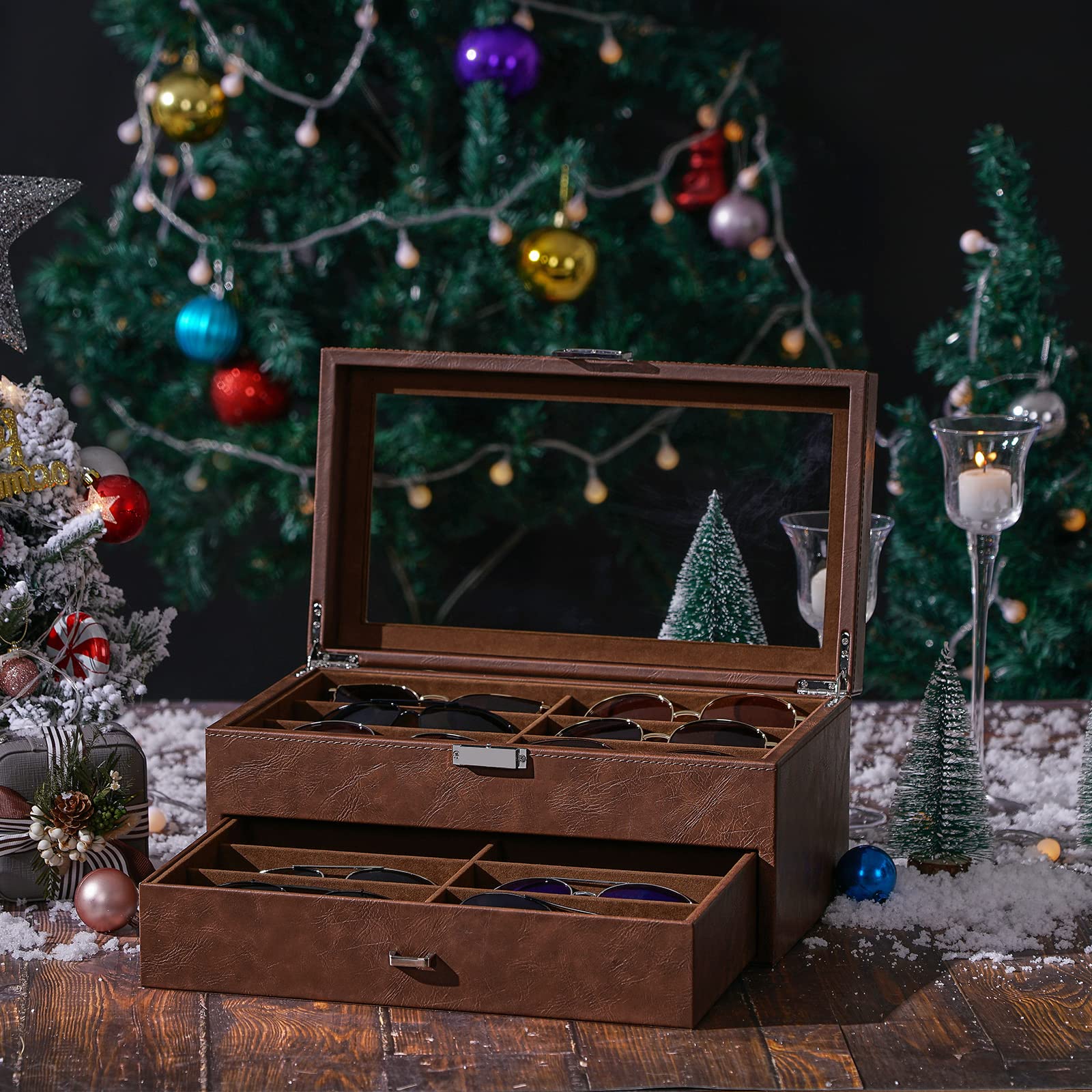 BEWISHOME Sunglasses Organizer, 12 Slots Sunglasses Case for Women Men, Eyeglasses Eyewear Display Case with Clear Glass Top, Faux Leather,Brown SSH48Z