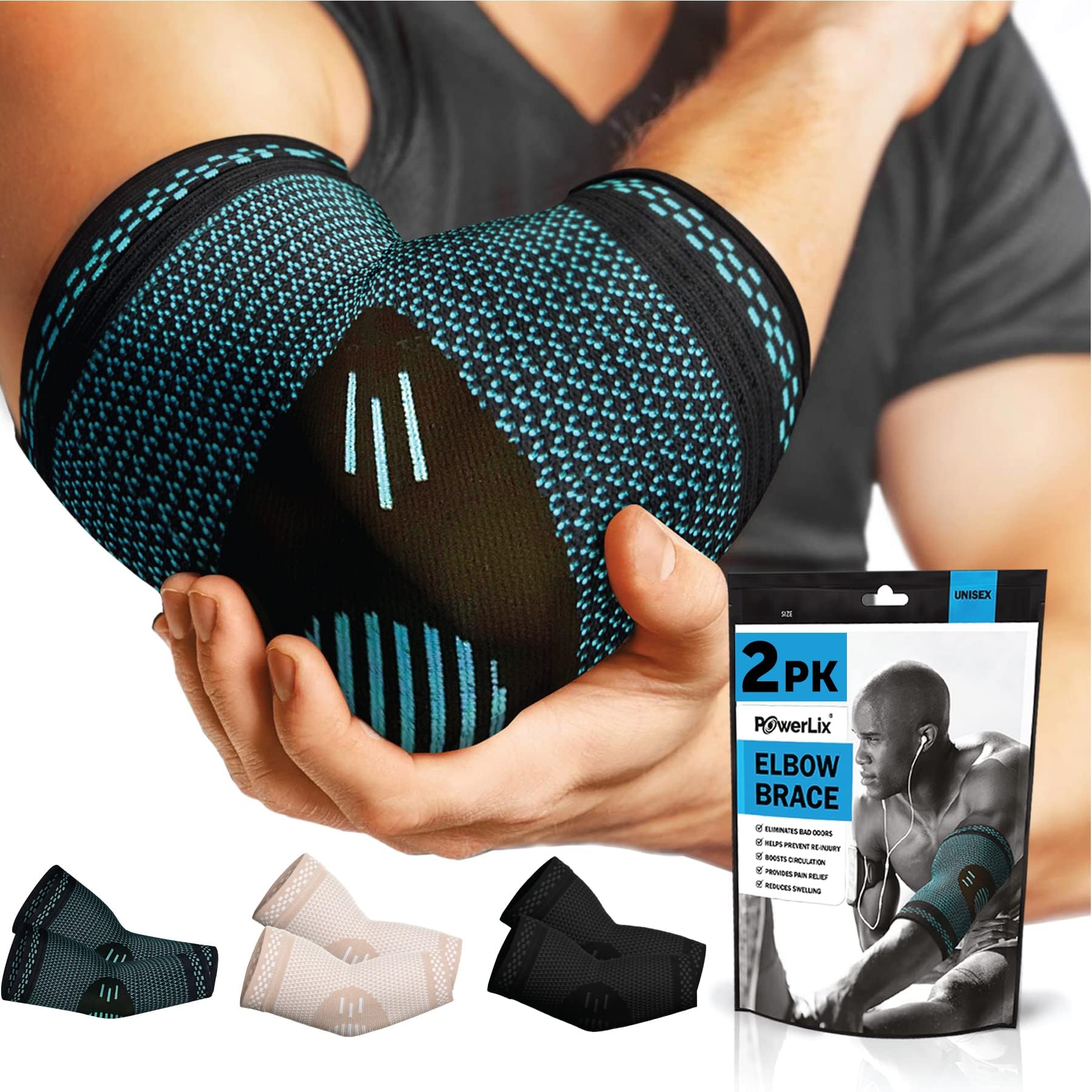 Photo 1 of POWERLIX Elbow Orthopedic Brace Compression Support (Pair) - Elbow Sleeve for Tennis Elbow, Golfer’s Elbow, Bursitis, and Sprains, Arthritis, Tendonitis. Pain Relief (Blue, M)