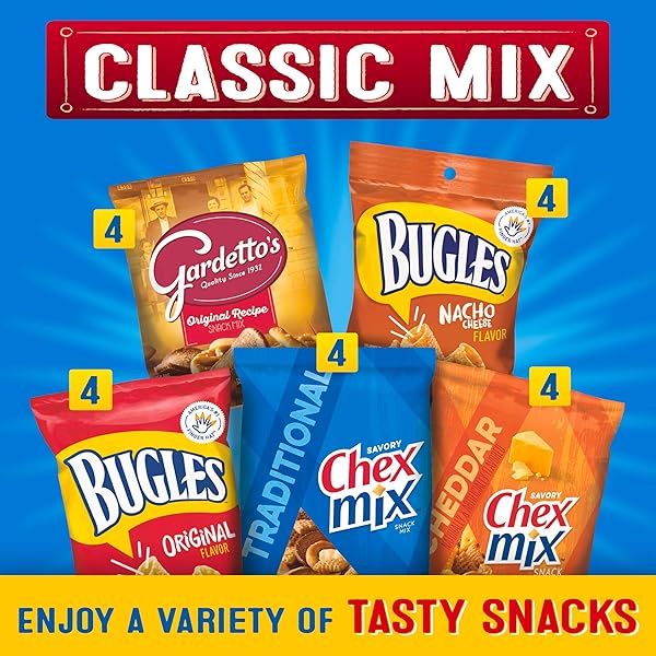 CLASSIC MIX SNACK VARIETY PACK, BUGLES ORIGINAL AND NACHO CHEESE, GARDETTO’S ORIGINAL RECIPE, CHEX MIX TRADITIONAL AND CHEDDAR, 20 CT, 28 OZ
