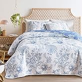Flysheep Reversible Quilt Set Full Queen Size, 3 Pieces White Blue Botanical Floral Printed Summer Bedding Set, Soft Microfiber Lightweight Bedspread/Coverlet for All Season - 92"x90"
