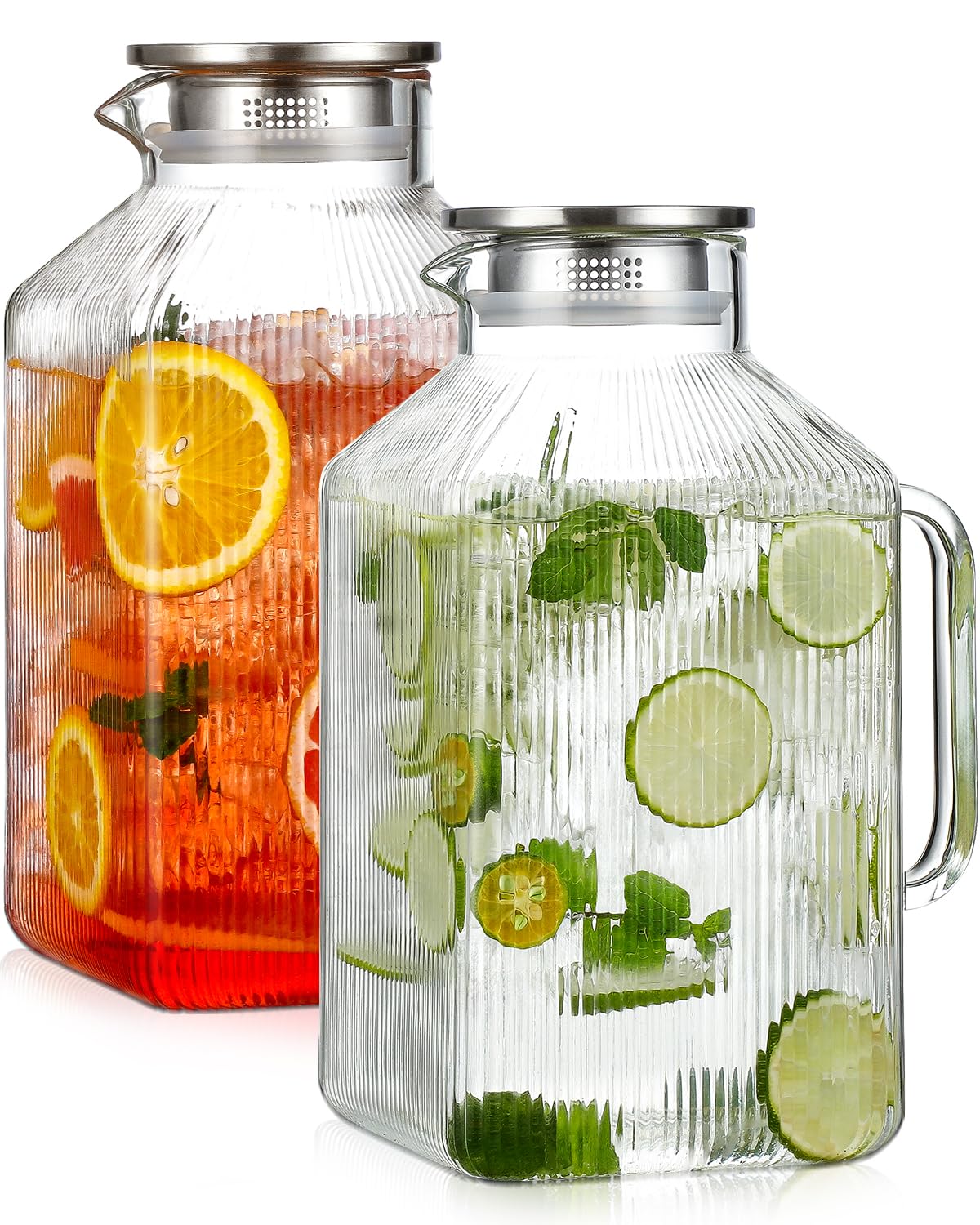 Photo 1 of 2 Pack 1 Gallon thickened Square Glass Pitcher with Lid, Classic Stripes Water Pitchers for Fridge, Borosilicate Glass Carafe for Hot/Cold Brew Drink, Extra Large Jug with Handle for Iced Tea, Coffee