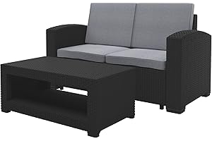 CorLiving PLF-112-S 2pc All-Weather Black Loveseat Patio Set with Light Grey Cushions