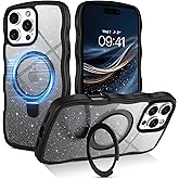 BENTOBEN for iPhone 16 Pro Max Case with Stand, Clear Crystal Glitter Cute Curly Wavy 16 ProMax Phone Case Compatible with MagSafe, Magnetic Ring Kickstand Shockproof Anti-Slip Cover, Black Glitter