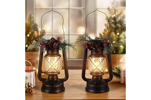 GLEXPFESTI 2 Pack Christmas Decorative Lanterns Vintage Lantern with Xmas Ornament Themed Light Wick Dimmable Battery Operated Lantern Hanging for Indoor Outdoor Table Holiday Party Decoration Gift (Blue+Copper)