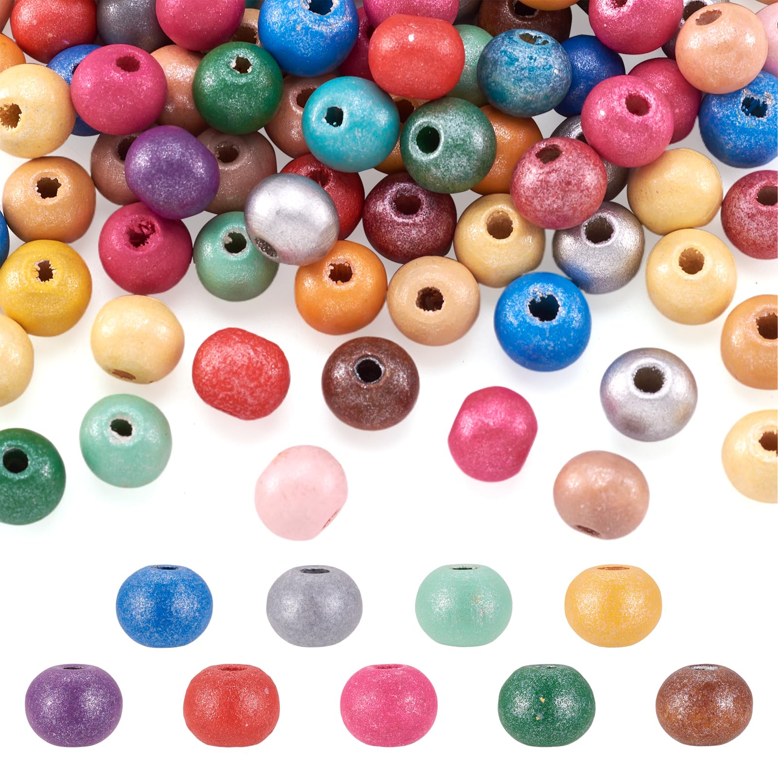 PandaHall 100pcs Colorful Wooden Beads 7~8x8~9mm Round Dyed Wood Beads with 2~3mm Hole for Jewelry Making