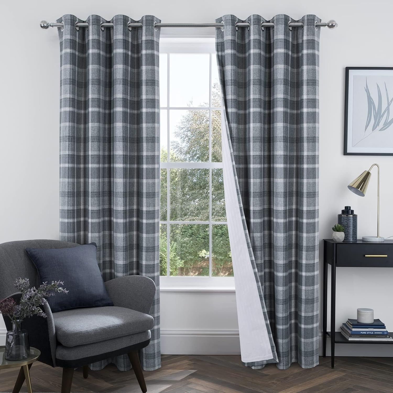 always4u 100% Blackout Curtains Check Eyelet Curtain Bedroom Plaid Woven Brushed Cheque Pair of Highland Woolen Look Window Treatment for Living Room Grey 66 * 54 Inches