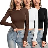 Long Sleeve Shirts for Women Crew Neck Casual Going Out Fashion Crop Tops Basic Slim Fitted Fall Winter Clothes 3 Pack