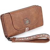 FADEON Leather Wallets for Women, Large RFID Blocking Trifold Wristlet Purse with Credit Card Holder Organizer