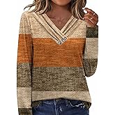 HOTOUCH Womens Fall Tunics Long Sleeve Tops Cross V Neck Shirts Loose Casual Blouses with Decor Button