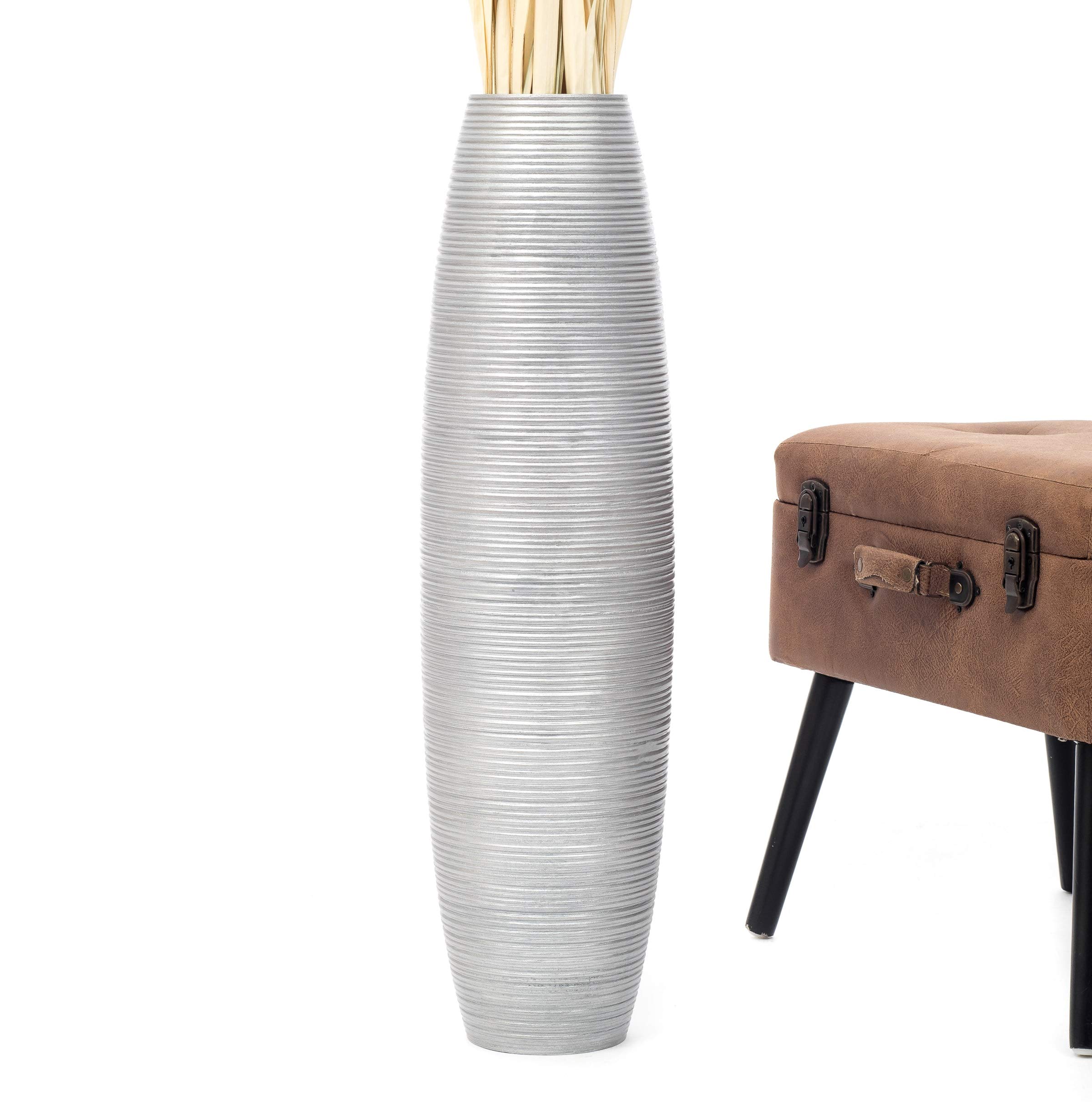 Leewadee Large Silver Home Decor Floor Vase - Wooden 65 cm Tall Farmhouse Decor Flower Holder For Fake Plant And Pampas Grass