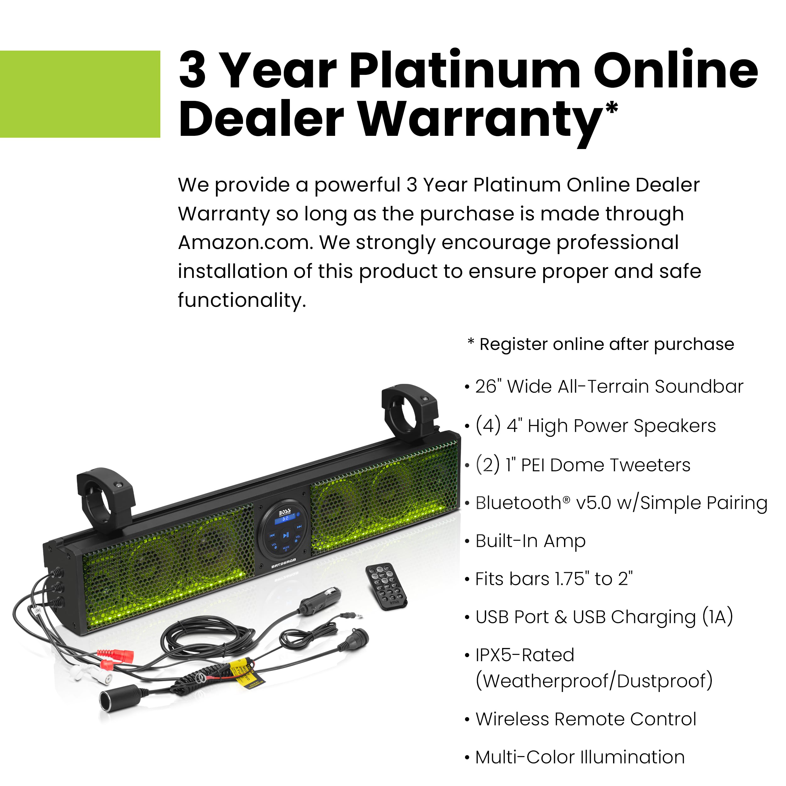 BOSS Audio Systems BRT26RGB ATV UTV Sound Bar - 26 Inches Wide, 4 inch Speakers, 1 Inch Tweeters, IPX5 Weatherproof, Bluetooth, Built-in Amplifier, Multicolor Illumination, Golf Cart Compatible