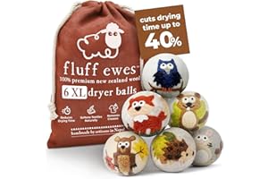 HUSTLE & BLUSH Fluff Ewes Wool Dryer Balls 6 Pack Premium New Zealand Wool Laundry Balls for Dryer, No Static Dryer Balls Laundry Reusable, XL Hedgehog Dryer Balls, Baby Dryer Balls for Dryers - Hedgehog and Homies