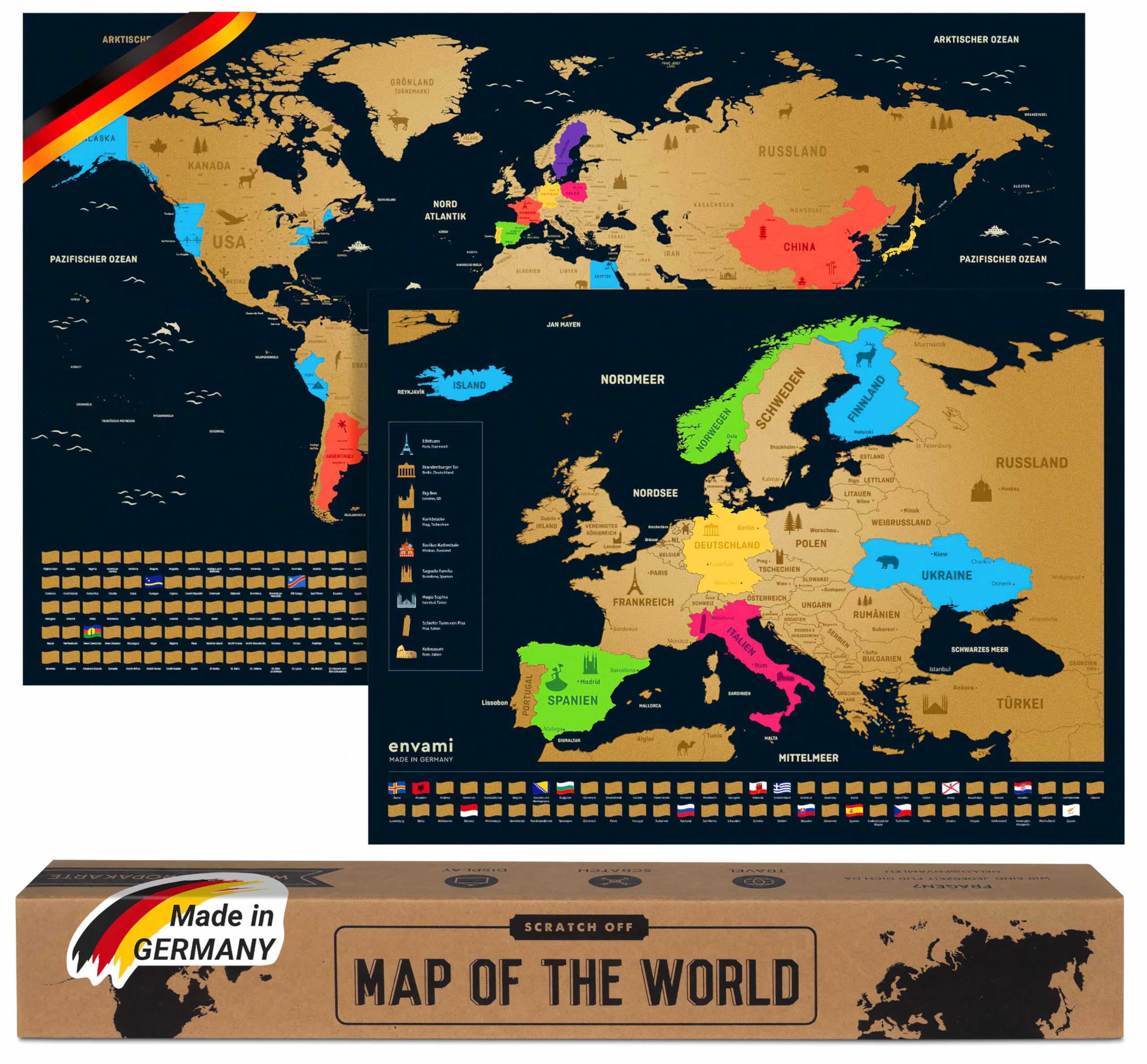 envami® Scratch Off Map with Europe Map - German Gold 68 x 43 cm - Scratch Off World Map - Navigational - Metallic Gold Finish