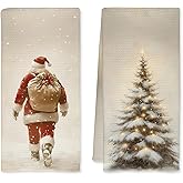 JFFTLL Vintage Christmas Kitchen Towels, Christmas Winter Pine Tree Dish Tea Towels for Kitchen Decor, Xmas Santa Decorative Hand Towel for Bathroom, 16x24 Inch Set of 2