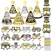 DPKOW New Years Eve Party Supplies 2026 Glasses New Years Eve Party Hats Headbands, Black Gold Silver Paper Glasses NYE Cone Hats and Noise Makers, NYE Decorations Photo Booth Accessories Kit, 36pcs
