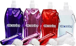 ACTIVIVA Collapsible Reusable Water Bottle with Carabiner Clip Light Weight Leak Proof Foldable Drinking Water Bottle - Non-Toxic BPA Free - 16.9 oz - 4 Pack (Broad - Pink, Purple, Red, Clear)