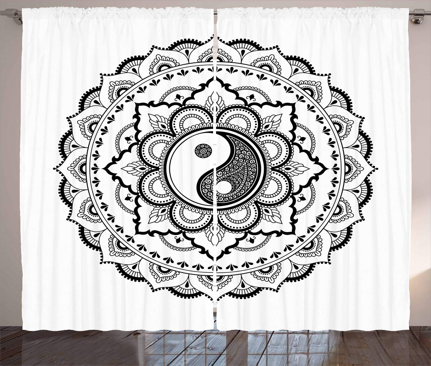 ABAKUHAUS Black and White Curtains, Mandala Flower Petals Composition with Harmonious Nature Themed Motif, Living Room Bedroom Window Drapes 2 Panel Set, 280 x 260 cm, black-and-white — image 1