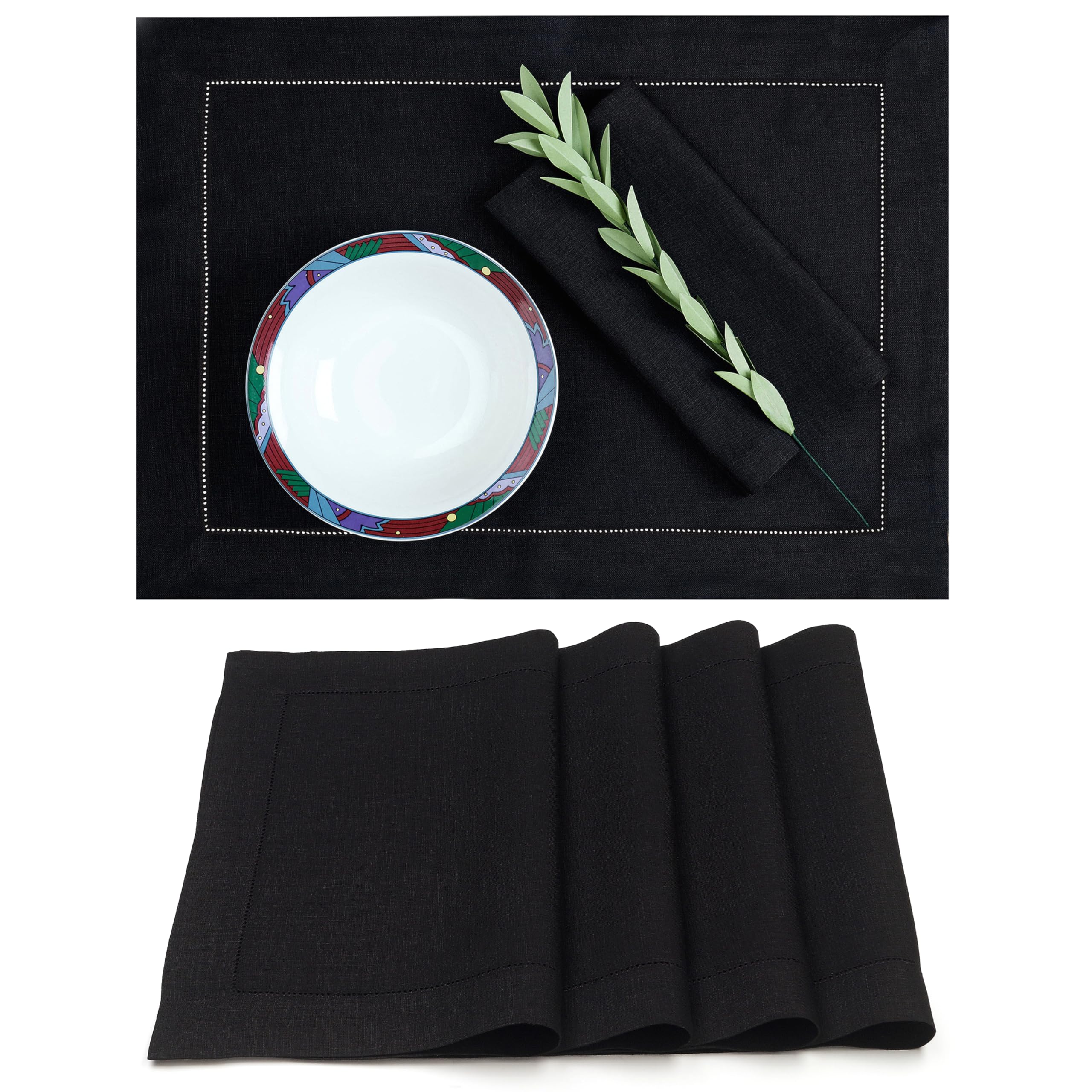 D'Moksha Homes 14 X 19 Inch, 100% Pure Linen Hemstitch Cloth Placemat/Dinner Mats/Dining Table Mat, Machine Washable, Thanksgiving, Christmas, Fall, Great Gift Placemats (Set Of 4) Amazing Black — image 1