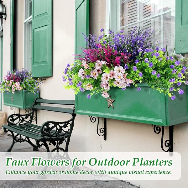 20 BUNDLES REALISTIC ARTIFICIAL FLOWERS FOR OUTDOORS, UV RESISTANT NO FADE FAKE FLOWERS WITH PLASTIC FAUX SHRUBS PLANTS FOR GARDEN PATIO PORCH WINDOW BOX HOME WEDDING FARMHOUSE OUTSIDE HANGING DECOR