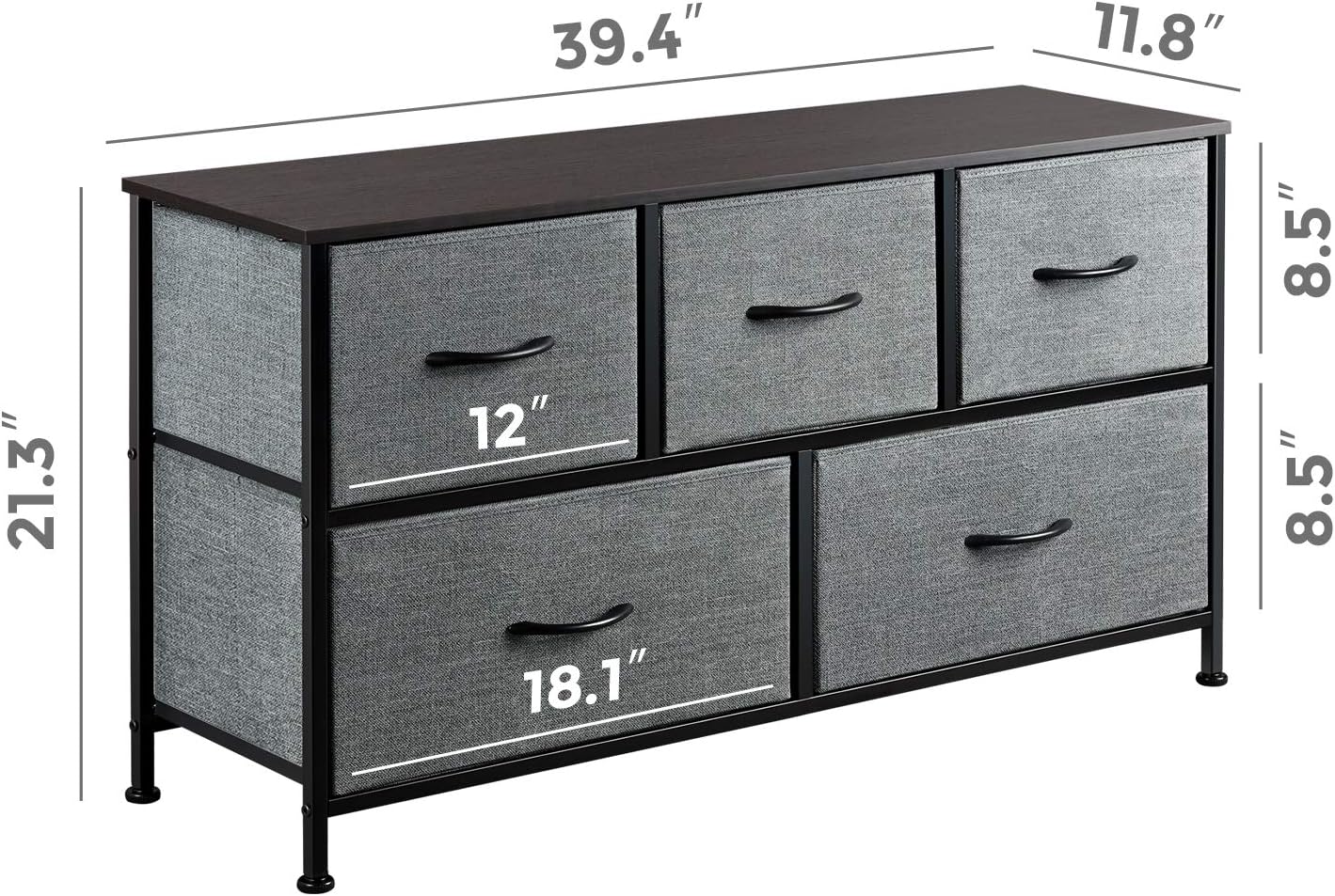 WLIVE Dresser with 5 Drawers, Dressers for Bedroom, Fabric Storage Tower, Hallway, Entryway, Closets, Sturdy Steel Frame, Wood Top, Easy Pull Handle -