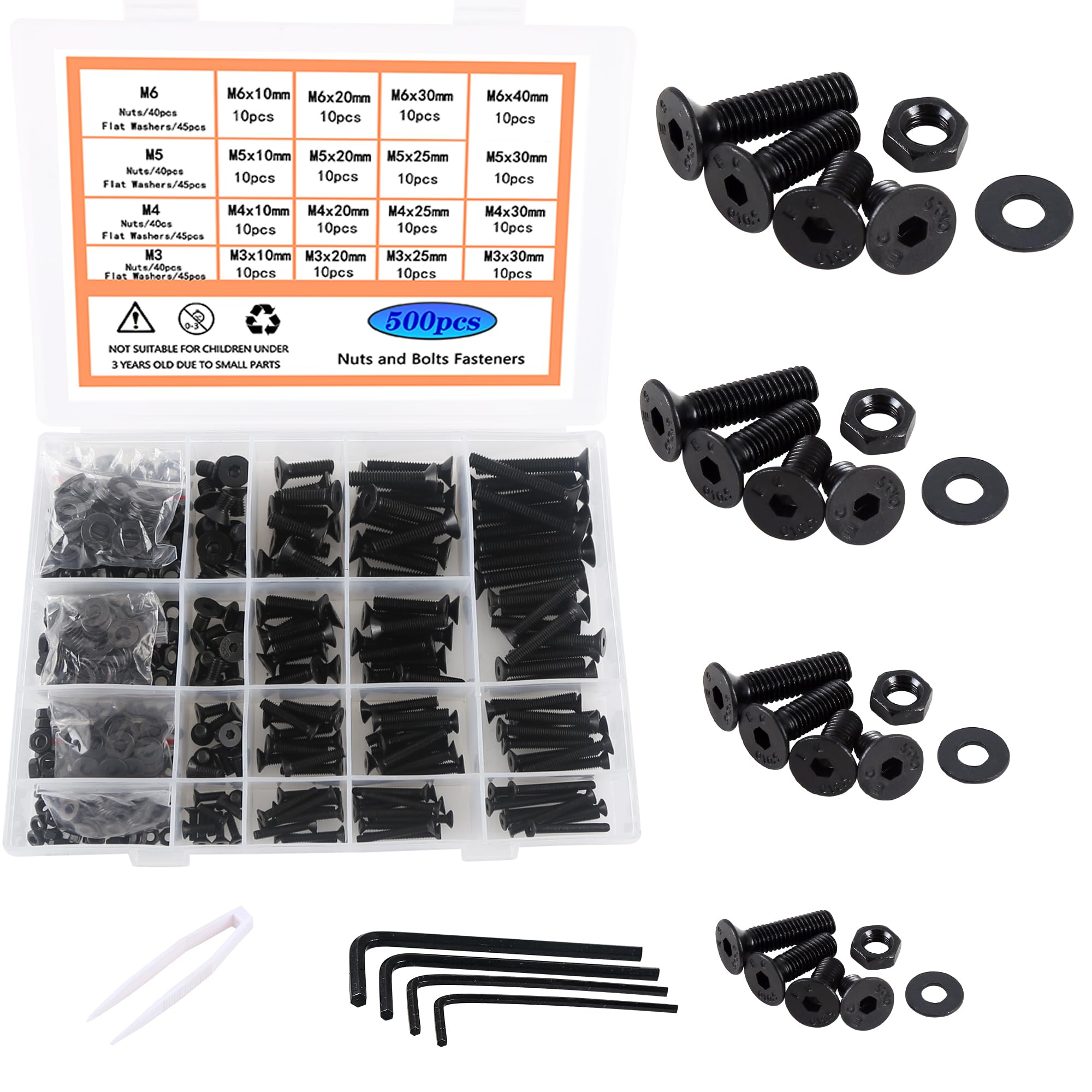 Rshuhx M3 M4 M5 M6 Black Flat head Bolt and Nut set Carbon steel material hexagon head Bolts and nuts washer set fully threaded mechanical fasteners (Comes with reusable storage box）500pieces