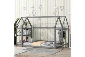 ROCKINGRUN Twin Size Wood House Bed,Wood Platform Bed with Storage Shelves and Hanger,Floor Twin Size Montessori Bed Frame, Kids Boys Girls Bedroom,Living Room,No Box Spring Required,Grey