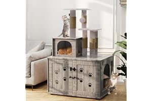 Recaceik Cat Litter Box Enclosure with Cat Tree, Hidden Cat Washroom Furniture with Divider, Wooden Cat House with Platform, Scratching Post and Soft Plush Perch, Indoor Pet Cabinet, Gray