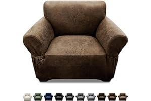 Pfrstuv Single Sofa Cover Leather Look Chair Covers for Living Room 1-Piece Sofa Chair Covers with Arms Stretch Furniture Protector with Elastic Bottom & Pockets(Armchair, Brown)