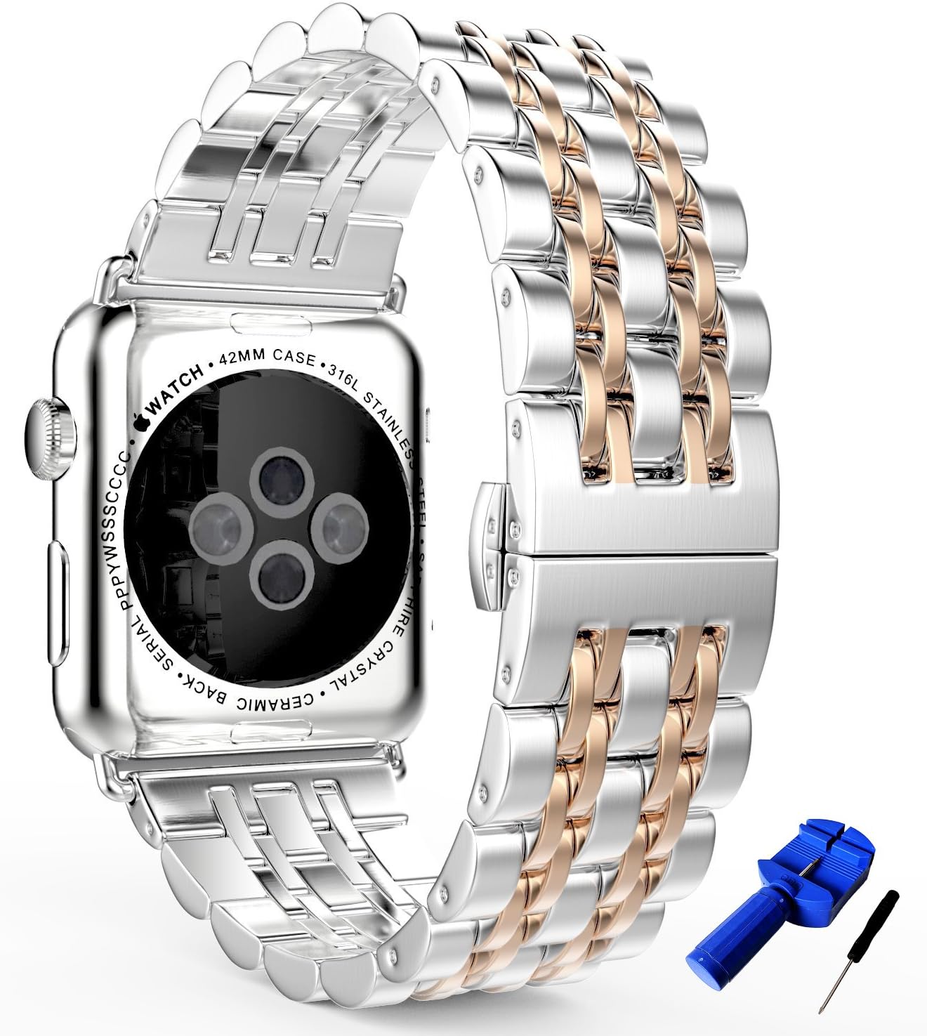 HUANLONG Compatible with Apple Watch Band, Solid Stainless Steel Metal Replacement Watchband Bracelet with Compatible with iWatch Series 1/2/3/4/5(LS 42mm Silver/Rose gold)