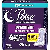 Poise Overnight Incontinence & Postpartum Pads for Bladder Leaks, 8 Drop Extra Coverage, 96 Count, Packaging May Vary