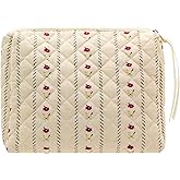 PAZIMIIK Quilted Makeup Bag Large Travel Zipper Soft Cosmetic Pouch for Women Girls Make Up,Little Flower Beige